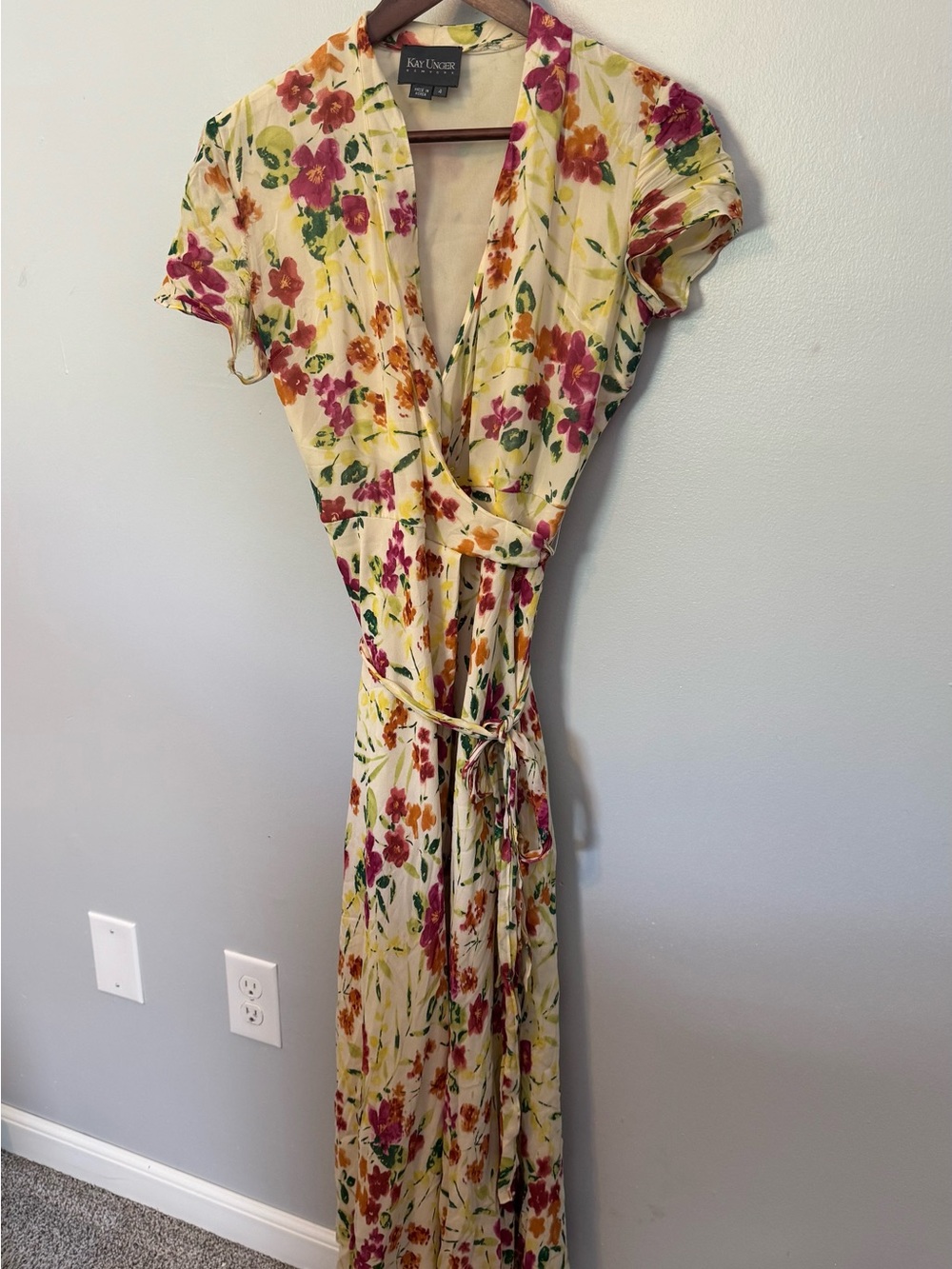 Kay Unger Cream Maxi Dress with Pink and Orange Floral Print